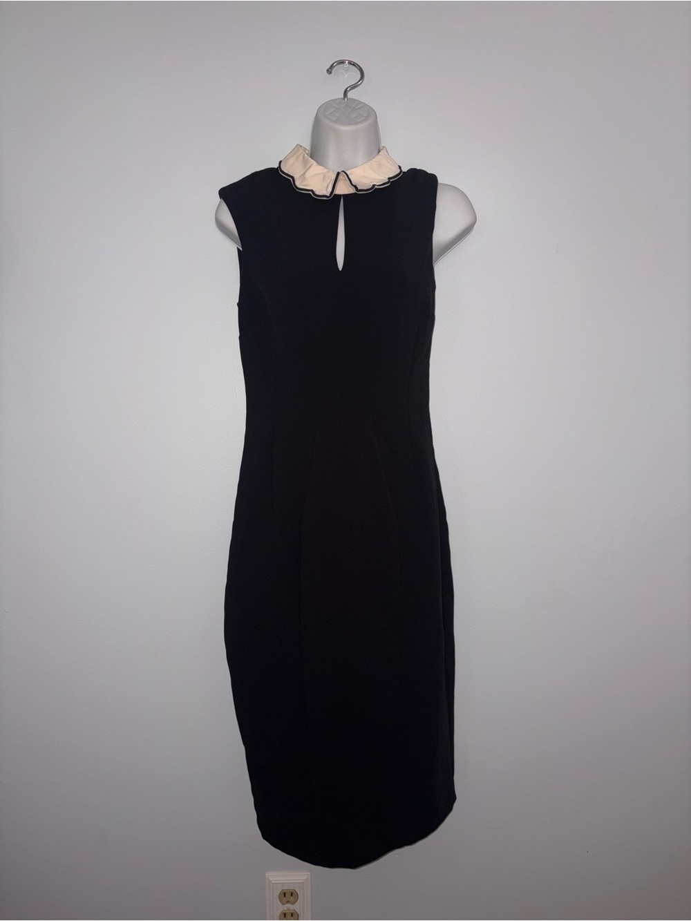 New York & Company Black Sheath Dress with Cream Ruffle Collar